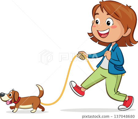 Happy girl running and holding leash while walking with dog 137048680
