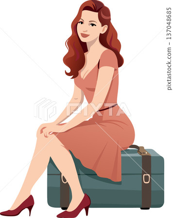 Elegant woman sitting on vintage suitcase waiting for departure Elegant woman sitting on vintage suitcase waiting for departure 137048685