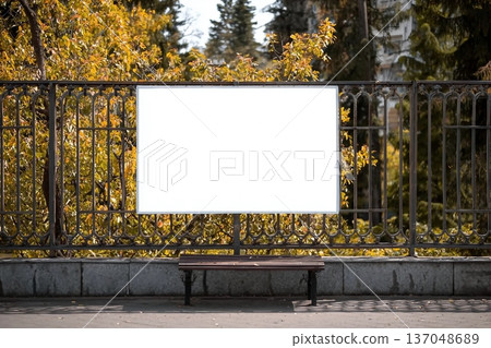 Blank white banner for advertisement on the fence of the park in the city 137048689