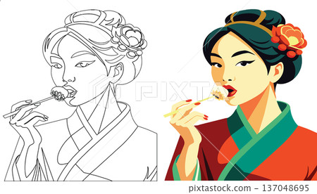 close-up of Japanese female figure while eating- 137048695