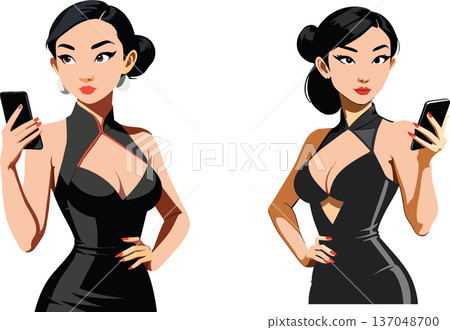 Japanese female figure drawings with cell phone- 137048700