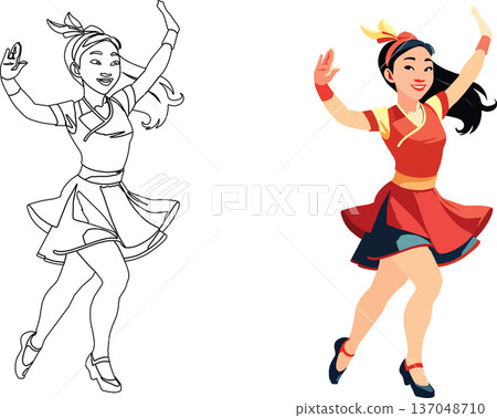 drawings of Asian female figures dancing- 137048710