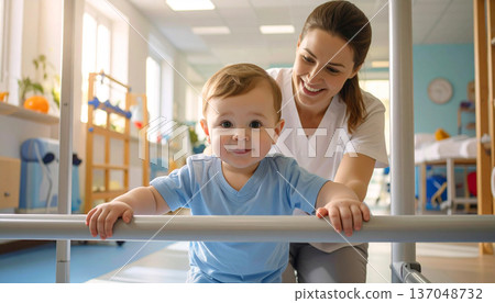 A toddler in a rehabilitation center holds onto small parallel bars while staff provides assistance. The child is focused on learning to move and gain strength during therapy. 137048732