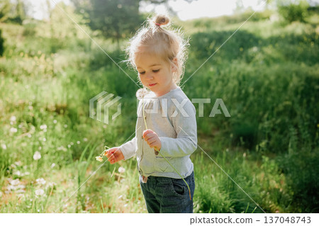 Cute little girl with dandelion on spring sunny background Cute little girl with dandelion on spring sunny background 137048743