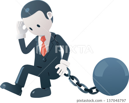 Businessman sitting with ball and chain attached to his leg 137048797