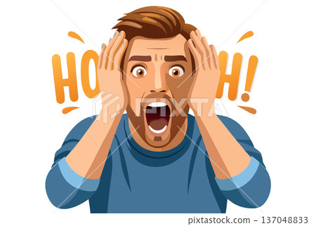 Shocked man holding his head with open mouth and eyes wide open 137048833