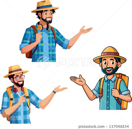 Backpackers showing the way with open hands and friendly smiles 137048834