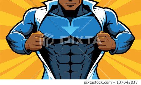 Superhero ripping open shirt to reveal costume underneath Superhero ripping open shirt to reveal costume underneath 137048835