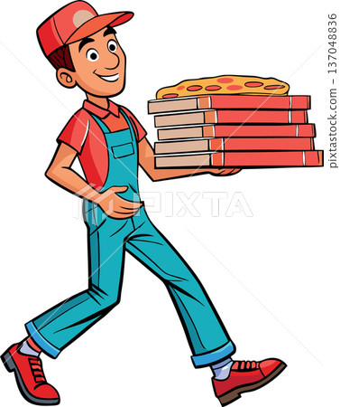 Pizza delivery boy walking and holding pizza boxes Pizza delivery boy walking and holding pizza boxes 137048836