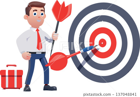 Businessman holding big dart standing near target goal achievement concept 137048841