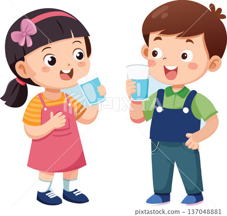 Happy children drinking water together from glass 137048881