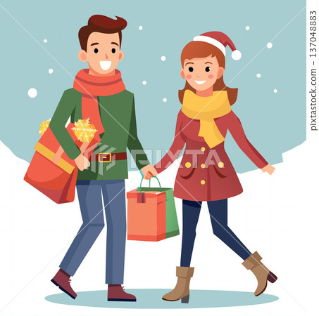 Happy couple enjoying winter holidays shopping time together Happy couple enjoying winter holidays shopping time together 137048883