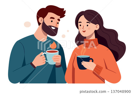 Young couple enjoying hot drinks together on white background 137048900
