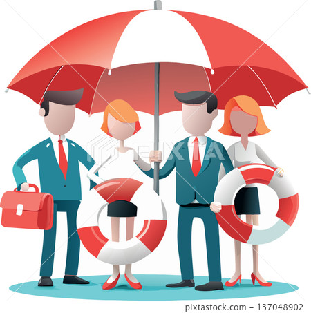 Business people holding lifebuoy standing under umbrella protecting from danger Business people holding lifebuoy standing under umbrella protecting from danger 137048902