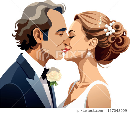 Bride and groom sharing their first kiss as husband and wife Bride and groom sharing their first kiss as husband and wife 137048909