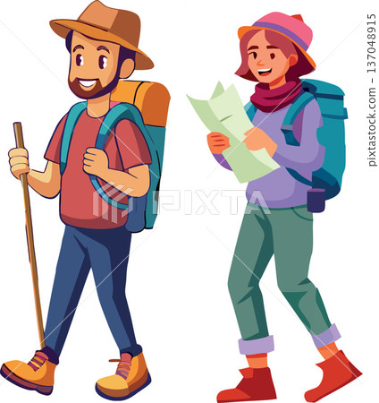 Hikers walking and reading map during hiking trip Hikers walking and reading map during hiking trip 137048915