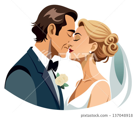 Bride and groom sharing their first kiss as husband and wife 137048918
