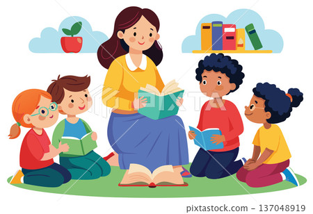 Smiling teacher reading a book to her elementary school students Smiling teacher reading a book to her elementary school students 137048919