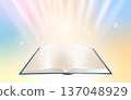 Open Bible with heavenly light for Christian bible study and spiritual learning 137048929