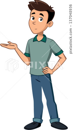 Young man gesturing and showing something with hand 137048936