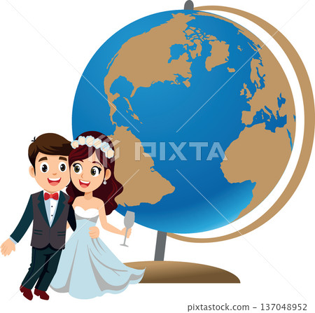 Happy couple celebrating wedding around the world Happy couple celebrating wedding around the world 137048952