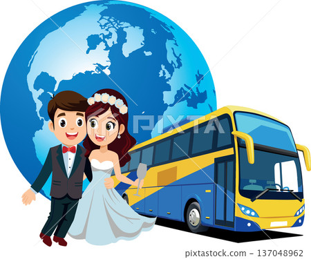 Happy couple going on honeymoon bus trip around the world 137048962