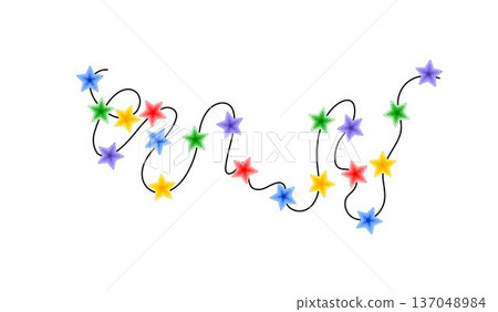 Christmas colorful multicolored lights curly string garland, doodle hand drawn vector illustration, flat cartoon seasonal image for winter New Year holiday, birthday events design 137048984