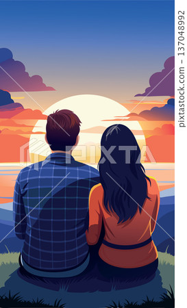Young couple watching sunset over ocean sitting on mountain top 137048992