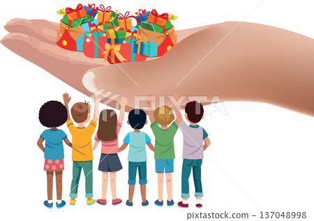 Giant hand offering christmas gifts to excited children Giant hand offering christmas gifts to excited children 137048998
