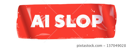 AI SLOP red sticker banner with white bold text. Conceptual label for low-quality artificial intelligence content, digital spam, and junk clutter. Isolated on white background vector illustration. 137049028