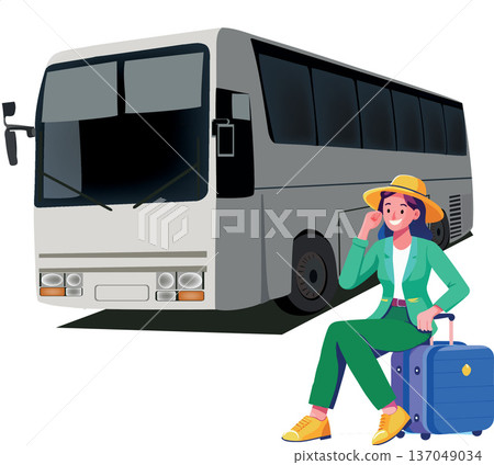 Tourist waiting for the coach bus with suitcase and sun hat Tourist waiting for the coach bus with suitcase and sun hat 137049034