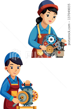 Female mechanic repairing engine with gears and cogs- Female mechanic repairing engine with gears and cogs- 137049035