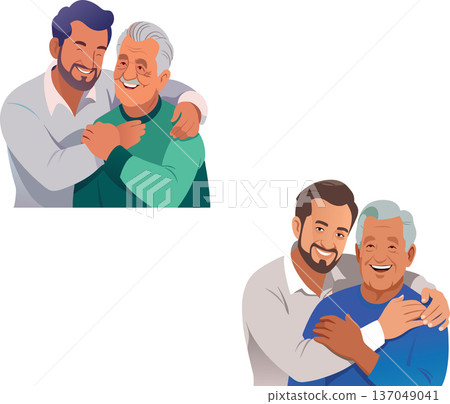 Adult son hugging senior father smiling and happy- Adult son hugging senior father smiling and happy- 137049041