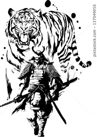 老虎與武士墨水畫插圖 137049058