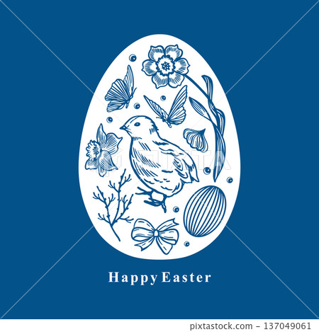 Easter card with a chick, daffodils and butterflies in an egg shape. Hand drawn vector illustration. The monochrome blue clip art is suitable for banners and posters. Easter card with a chick, daffodils and butterflies in an egg shape. Hand drawn vector illustration. The monochrome blue clip art is suitable for banners and posters. 137049061
