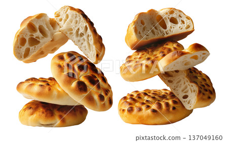 Set of Egypt Baladi baked bread, Egyptian rustic and whole-grain flatbreads stacked in a pile, on white background, bakery food 137049160