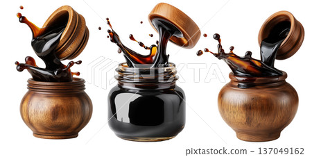Set of Egyp Molasses black syrup jar splashing from a polished jar, isolated on white background, concept of Arabic Cuisine 137049162
