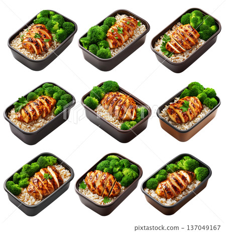 Healthy grilled chicken, brown rice, and broccoli in a black plastic meal container isolated on white transparent background Healthy grilled chicken, brown rice, and broccoli in a black plastic meal container isolated on white transparent background 137049167