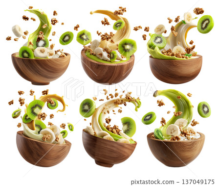 Fresh banana, kiwi, crunchy walnuts and granola with creamy yogurt smoothie splash in wooden bowl isolated on white background Fresh banana, kiwi, crunchy walnuts and granola with creamy yogurt smoothie splash in wooden bowl isolated on white background 137049175