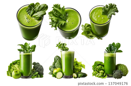 Fresh green smoothie in glass surrounded by lettuce, cucumber, spinach, and apple, isolated on white background 137049176