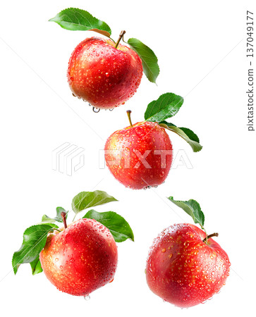 Juicy red apples with green leaves and water droplets, isolated on white background, concept of freshness and health Juicy red apples with green leaves and water droplets, isolated on white background, concept of freshness and health 137049177