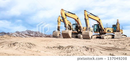 A fleet of powerful excavators is ready to tackle a major construction project. Construction equipment rental 137049208