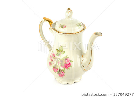 Antique Ceramic Teapot with Floral Design and Gold Trim 137049277