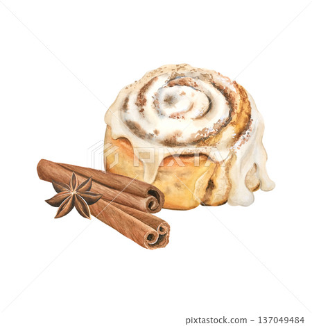 A delicious Cinnabon bun with cinnamon and vanilla cream. This French roll is hand-painted with watercolors on a white background in pastel tones. Perfect for a cafe, coffee shop, and for printing. A delicious Cinnabon bun with cinnamon and vanilla cream. This French roll is hand-painted with watercolors on a white background in pastel tones. Perfect for a cafe, coffee shop, and for printing. 137049484