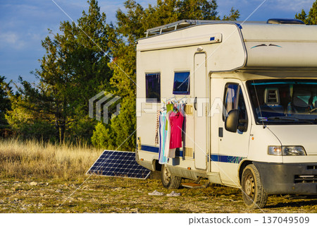 Laundry and solar panel at caravan 137049509
