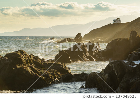 Seaside view with caravan camping on cliff Seaside view with caravan camping on cliff 137049525