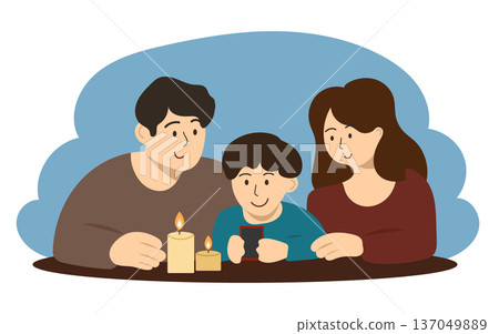 Blackout illustration of family with no light. Family together sitting behind the table with candles. Blackout illustration of family with no light. Family together sitting behind the table with candles. 137049889