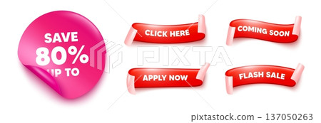 Discount sticker, offer ribbons. Apply now, Flash sale. Save up to 80 percent tag. Discount Sale offer price sign. Special offer symbol. Pink sticker tag. Flag ribbon banners. Vector 137050263