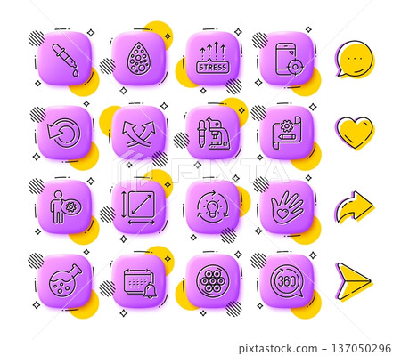 Cogwheel, Notification and Chemistry pipette line icons. App 3d buttons. Social media comment, share, like icons. Pack of Chemistry lab, Microscope, Intersection arrows icon. Vector 137050296