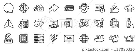Time management, Binary code and Lightning bolt line icons pack. Share, Message, Paper plane icons. Card, Fake news, Full rotation web icon. Vector Time management, Binary code and Lightning bolt line icons pack. Share, Message, Paper plane icons. Card, Fake news, Full rotation web icon. Vector 137050326